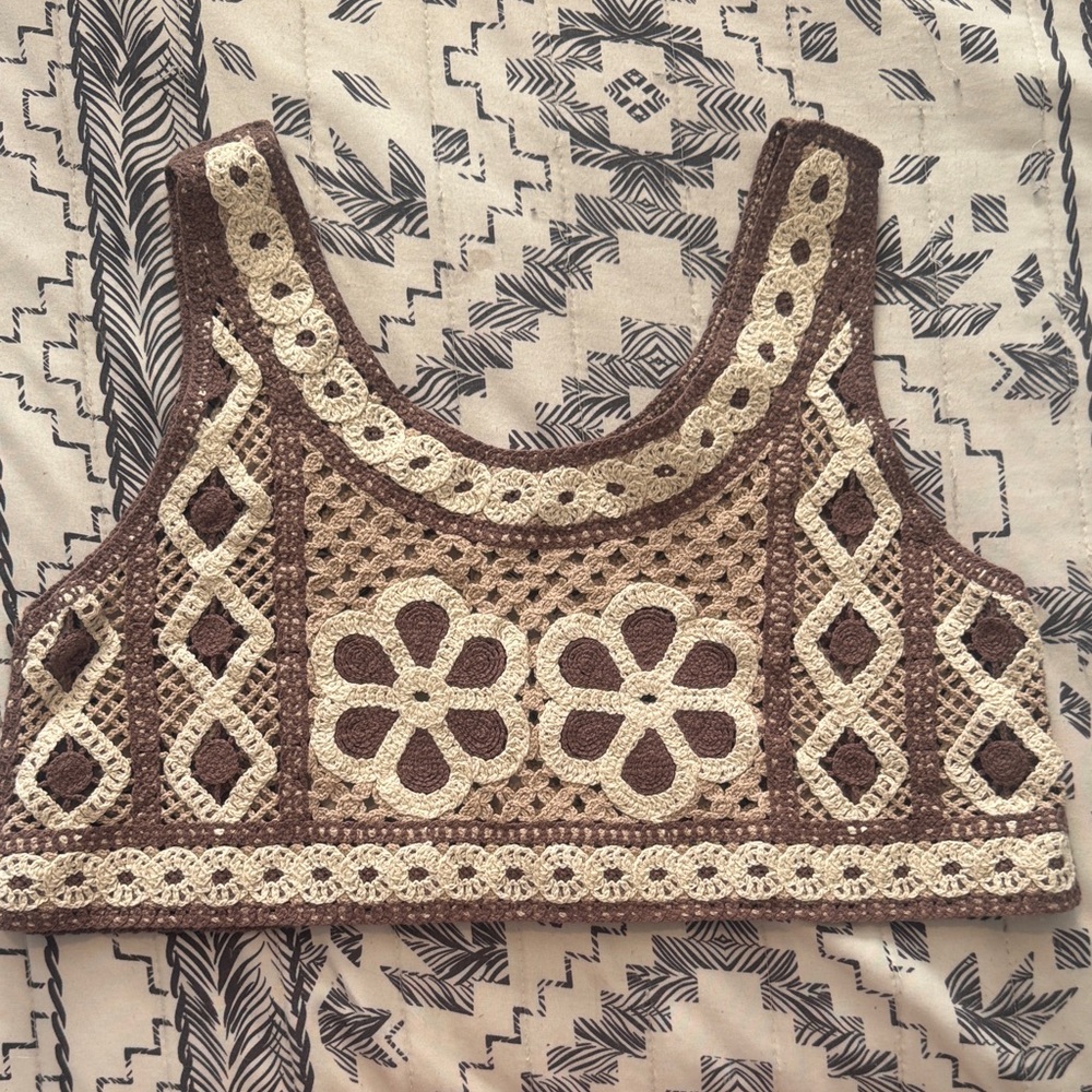 Brown and Cream Argyle Crochet Knit Crop Top